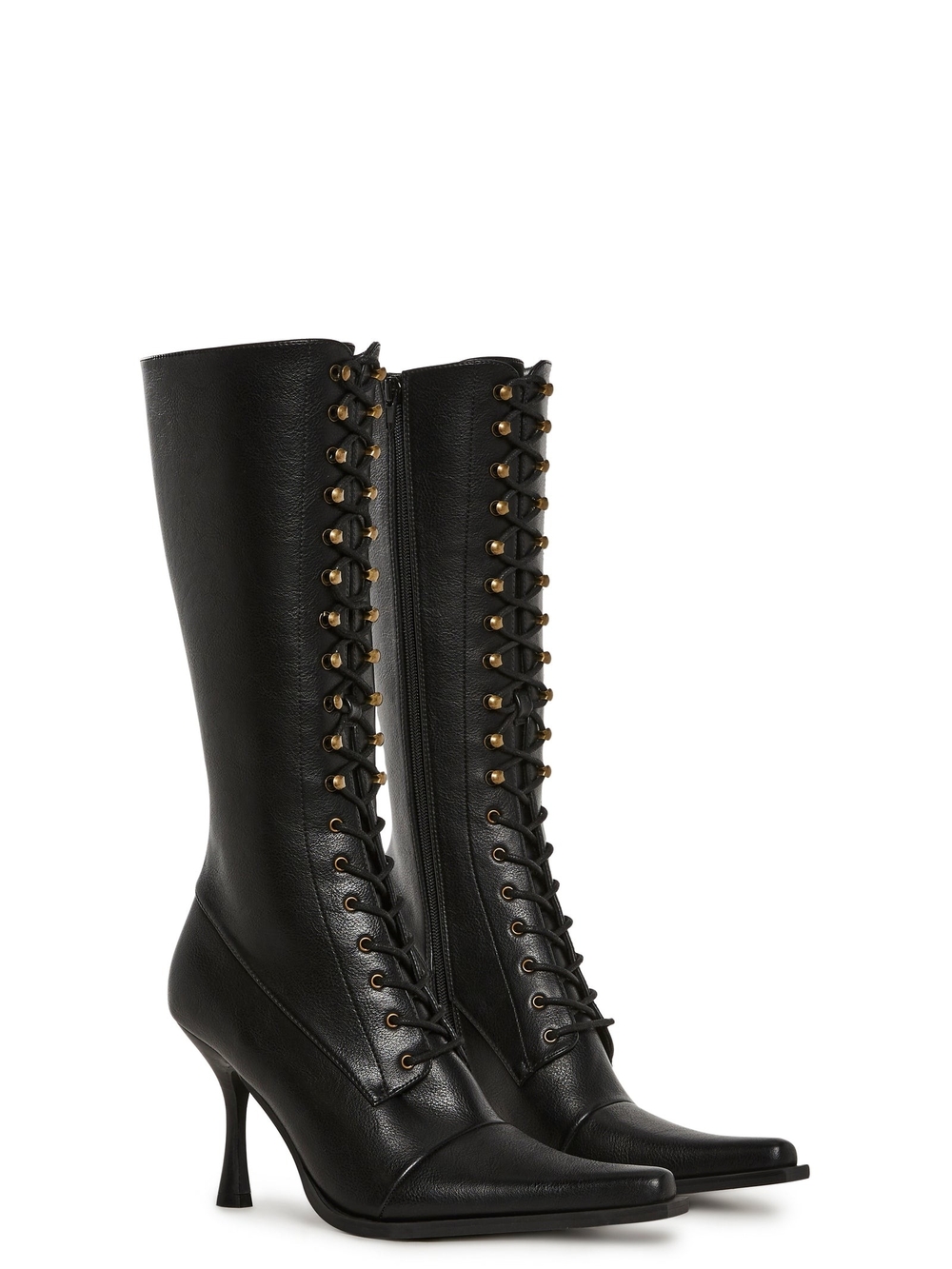 Dolls Kill Black Lace-Up Knee-High Heeled Boots with Gold Eyelets